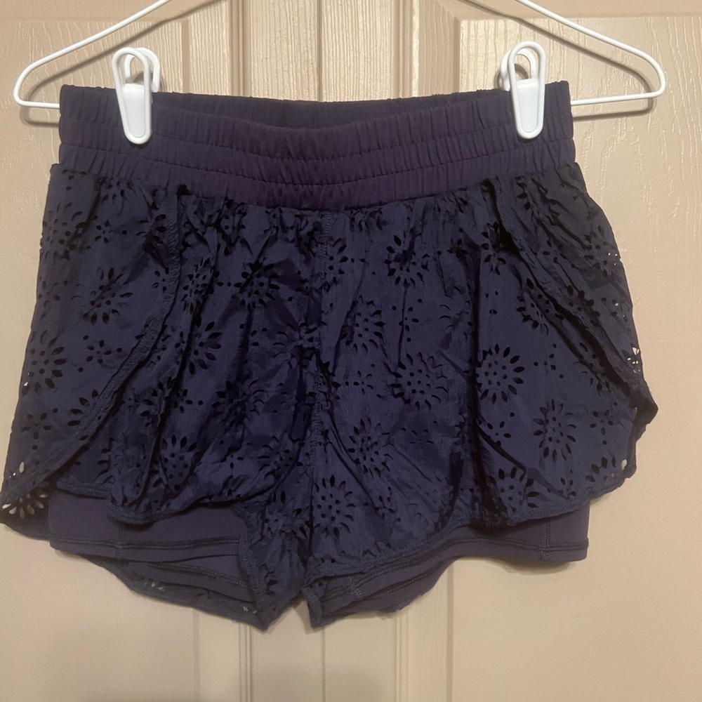 Aerie Blue Athletic Shorts with Lace Overlay